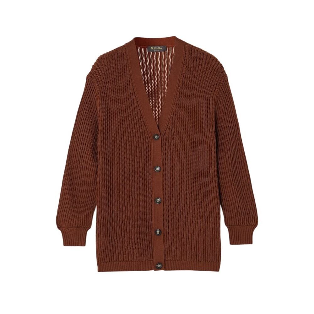 Loro Piana Ikeda Silk Cotton Blend Ribbed Knit Cardigan Clay Brown Size 42 Italy